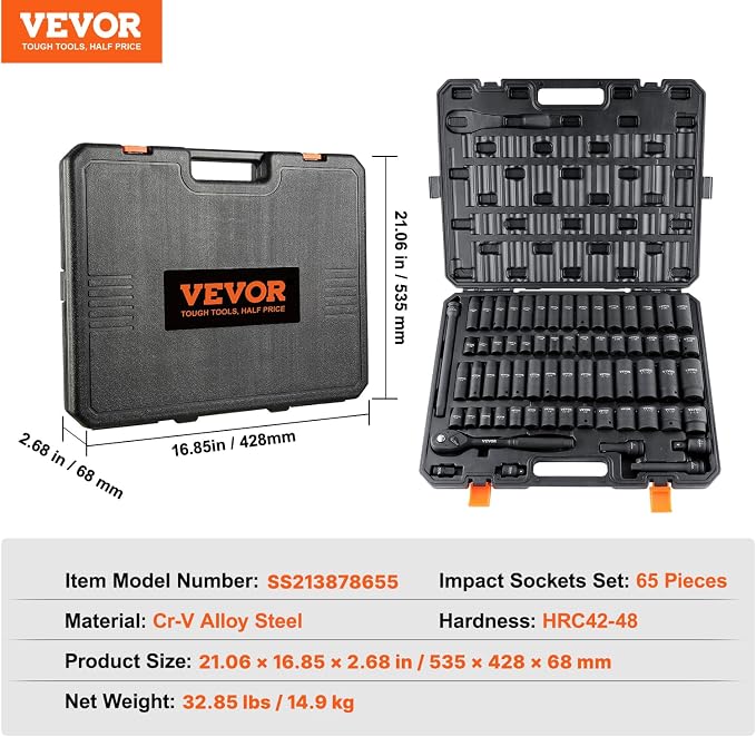VEVOR 1/2" Drive Impact Socket Set 65 Piece, 3/8" to 1-1/4" and 10-24mm | SAE - Image 7