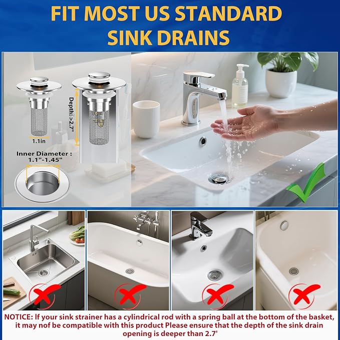 Bathroom Sink Drain Strainer, Pop-Up Bathroom Sink Stopper - Image 6