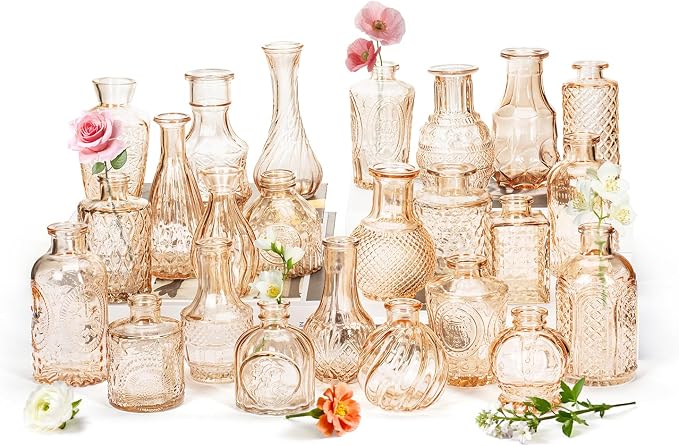 Clear Amber Gold Glass Bud Vase Set of 24 Pcs, Small Bud Vases in Bulk by JXINDUJU