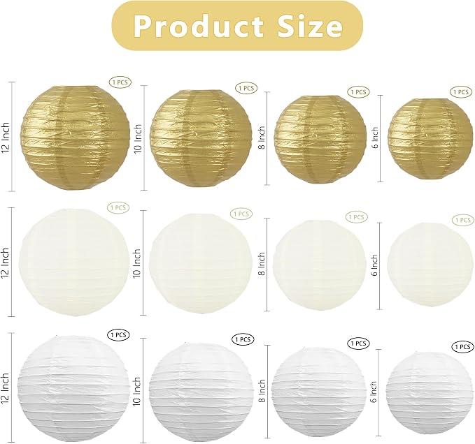 BEISHIDA Gold White Paper Lanterns 12Pcs 6/8/10/12 Inch Round Chinese Lamp | - Image 2
