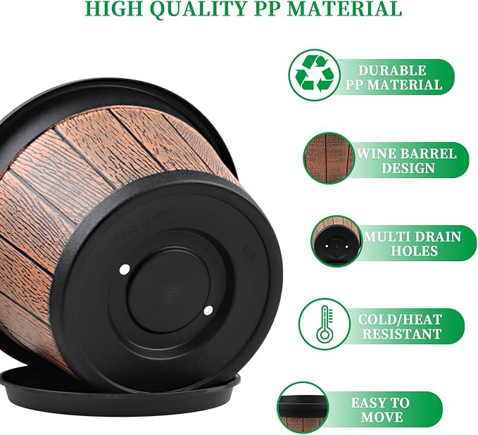 4 Pack 14 inch Plant Pots, Whiskey Barrel Planters - Image 5