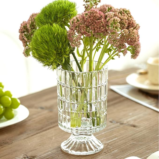 BLOFLO Embossed Glass Vase, Pedestal Big Base Glass Bouquet Vase, Hydroponic - Image 6