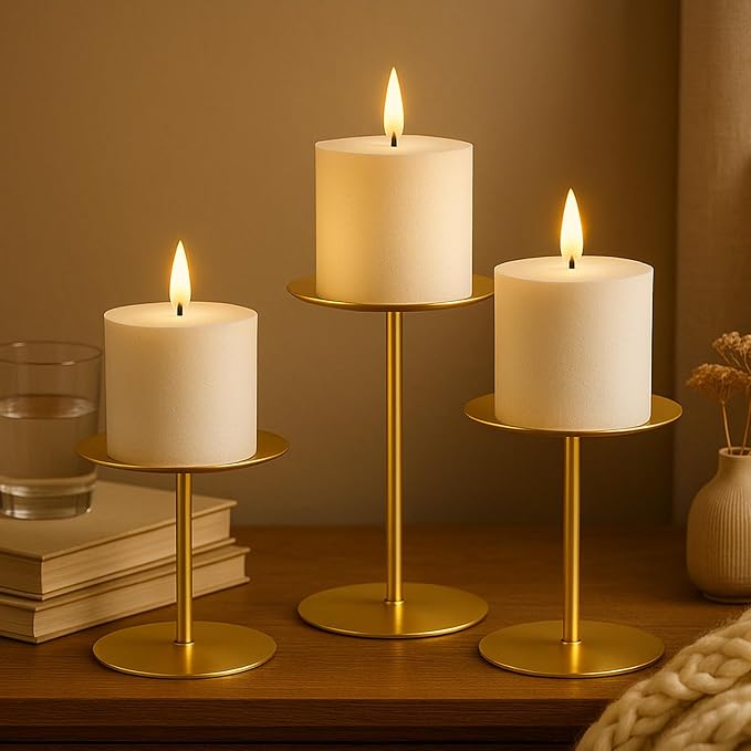 smtyle Gold Pillar Candle Holders, Reversible Set of 3 - Image 6