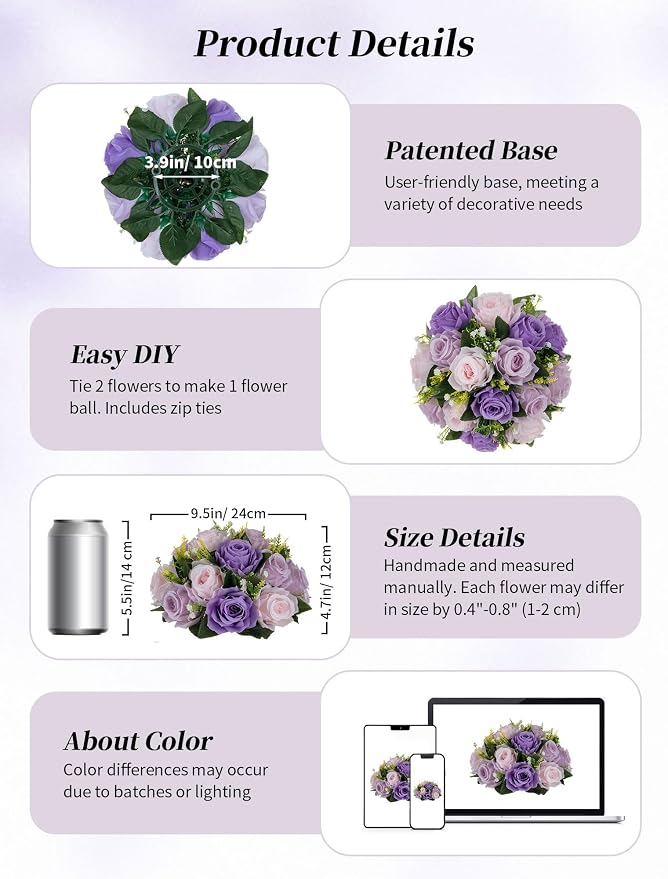 BLOSMON Wedding Rose Centerpieces Tables: Purple Lilac Pink Fake Roses | 10 Pcs - Image 5