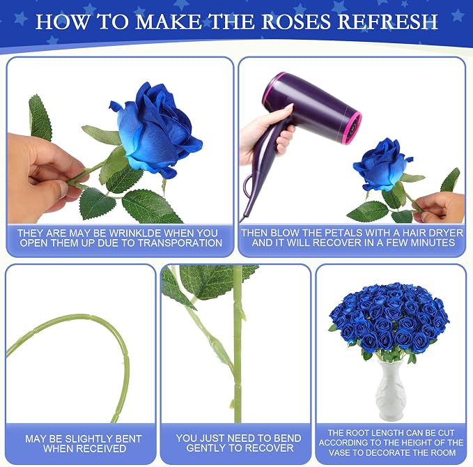 Hananona 50 Artificial Roses in Bulk, Fake Silk Roses Realistic Blue Roses - Image 3