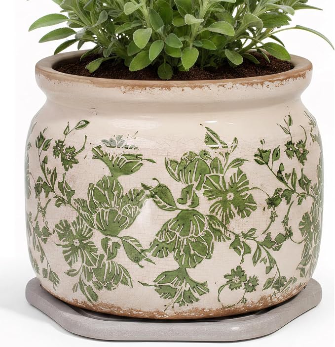 Tuscan Ceramic Planter with Decorative Tray, Plant Lover Gifts by XiaanJiaju