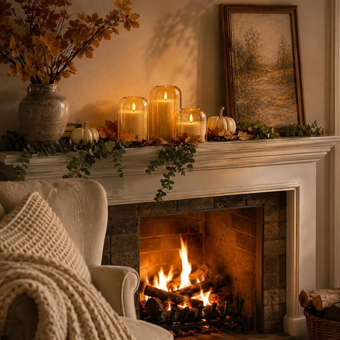 Fall Decorations for Home, Amber Glass Flameless Candles, LED Pillar Candle | - Image 2