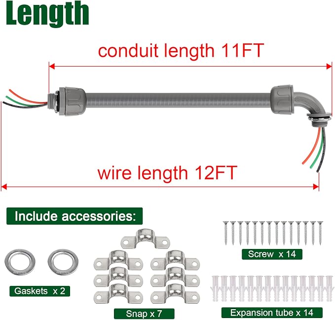 12FT Liquid-Tight Conduit Kit, 1/2" Pre-Wired Electrical Whip - Image 2