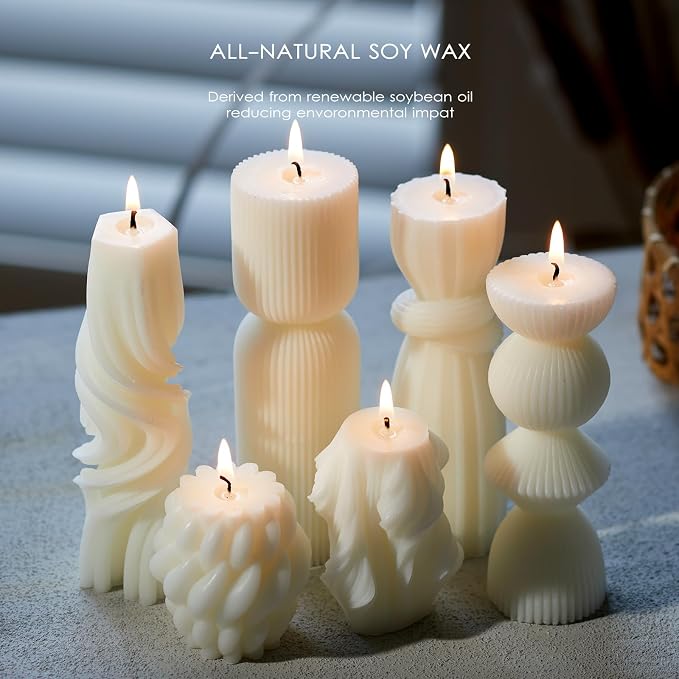 6 Pcs Small Handmade Ribbed Pillar Candle Set, Soy Wax Modern Home Decor - Image 6