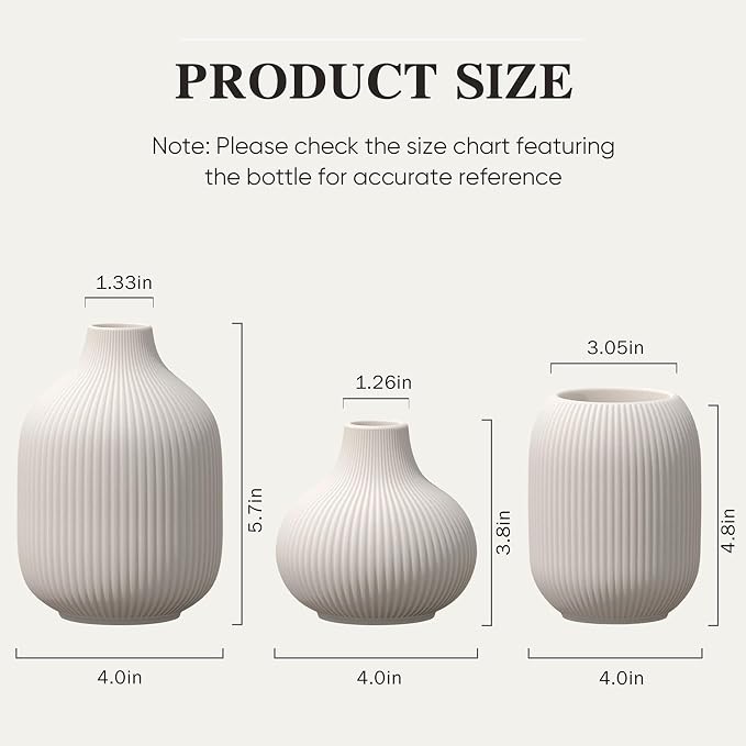 White Small Ceramic Vases Set of 3, Matte Vertical Ribbed, Minimalist - Image 3