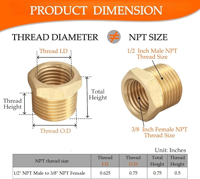 Brass Hex Bushing Reducer, 1/2" Male to 3/8" Female NPT Pipe Fitting | 8-pack - Image 2