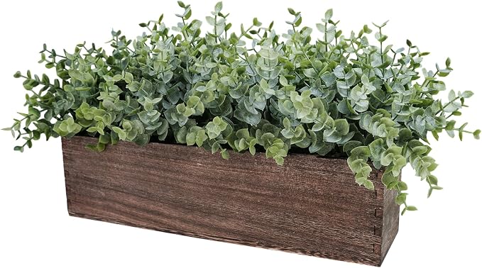 Winlyn 14" Artificial Eucalyptus in Rectangular Wood Planter Box Faux Plants - Image 2
