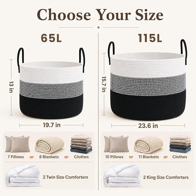 JMvicyroam 115L Extra Large Machine Washable Cotton Rope Blanket Basket | - Image 4