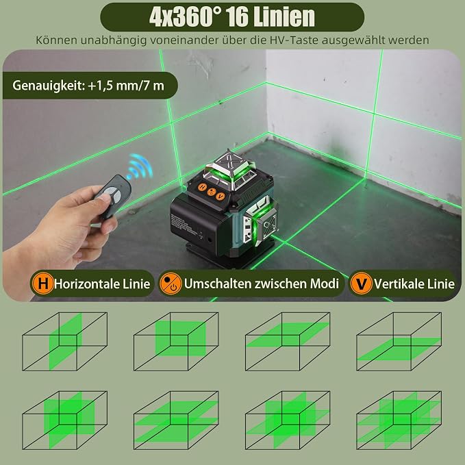 16 Lines Laser 360 Level Self Leveling, 130Ft 4x360° Green Cross Line laser - Image 2