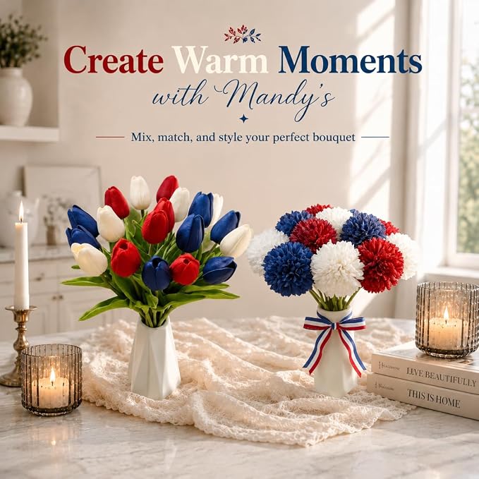 Mandy's 20pcs Artificial Red White Blue Tulips | 13.5 Inch Lifelike PU Tulips - Image 9