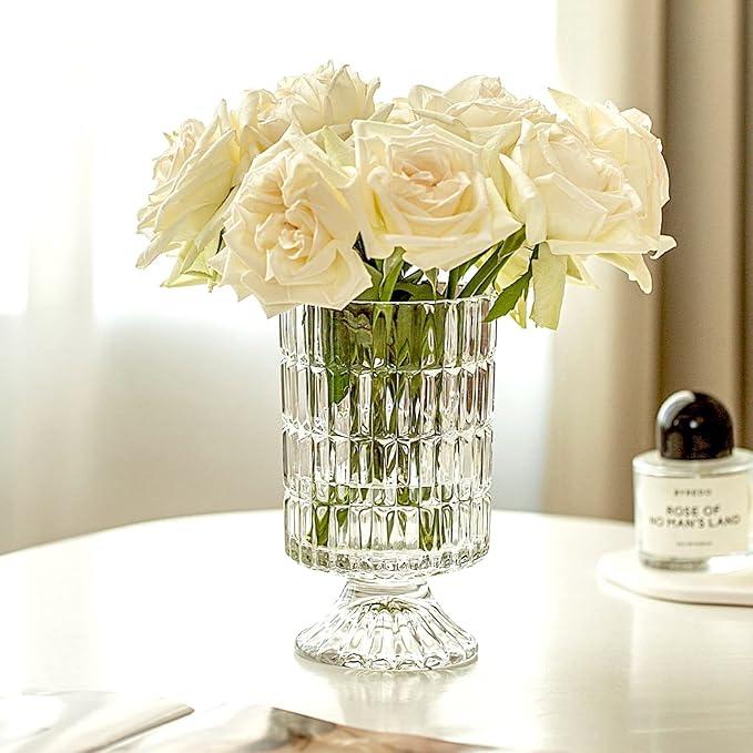 BLOFLO Embossed Glass Vase, Pedestal Big Base Glass Bouquet Vase, Hydroponic - Image 3