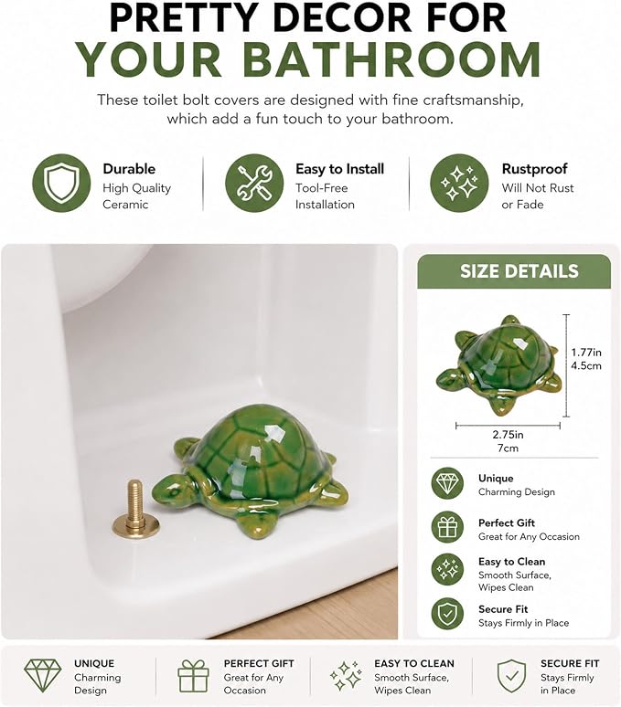 WANSHUNLMI Green Sea Turtle Toilet Floor Bolt Caps, Ceramic Sea Turtle Toilet - Image 2