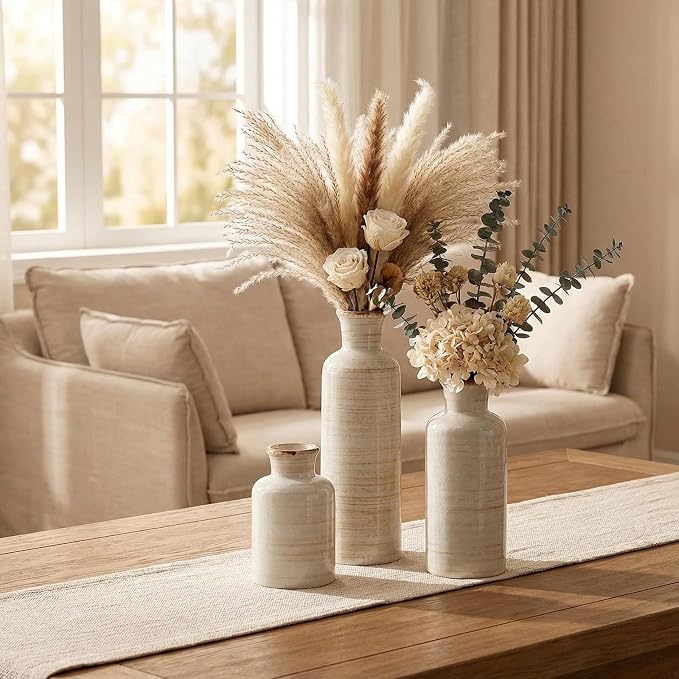 White Rustic Ceramic Vase Set of 3, Farmhouse Vase - Image 8