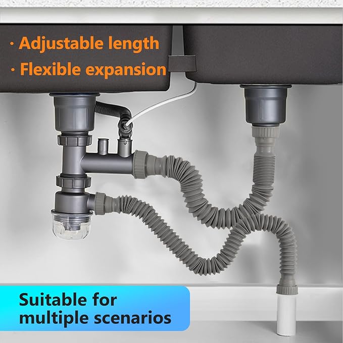 Sink Drain Pipe Kit, 2 Pack Flexible Drain Pipe P Trap, 12.79"-35.03" Flexible - Image 3