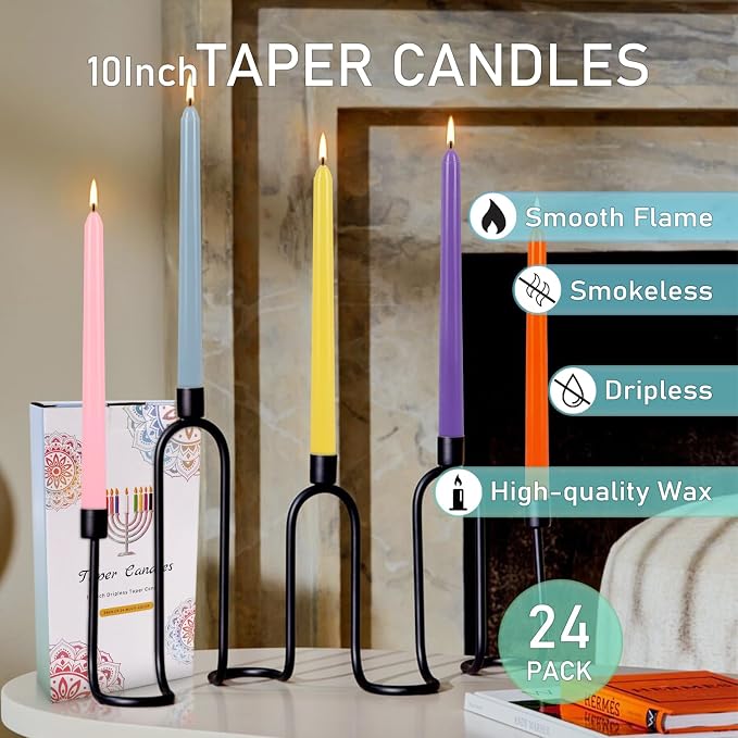 Howemon 24 Pack 10" Tall Colored Taper Candles, Dripless Unscented Colorful - Image 4