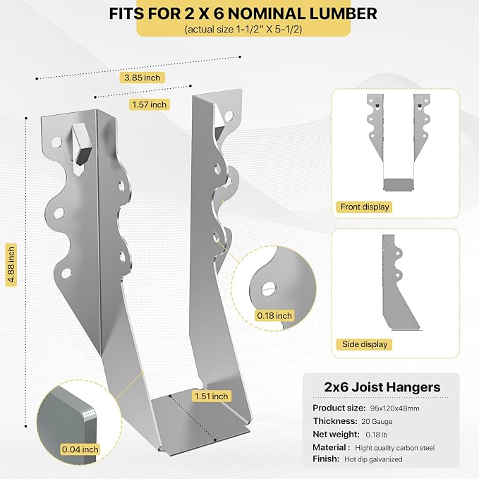 25 pcs 2x6 Joist Hanger, LU26 18 Gauge Double Shear Face Mount Joist Hanger - Image 2