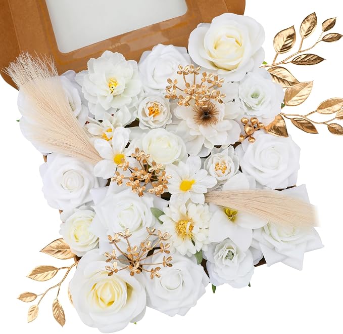 Artificial Flowers Combo Pure White Flowers Mix Silk Flowers Fake Roses by FloweroyalCrafts