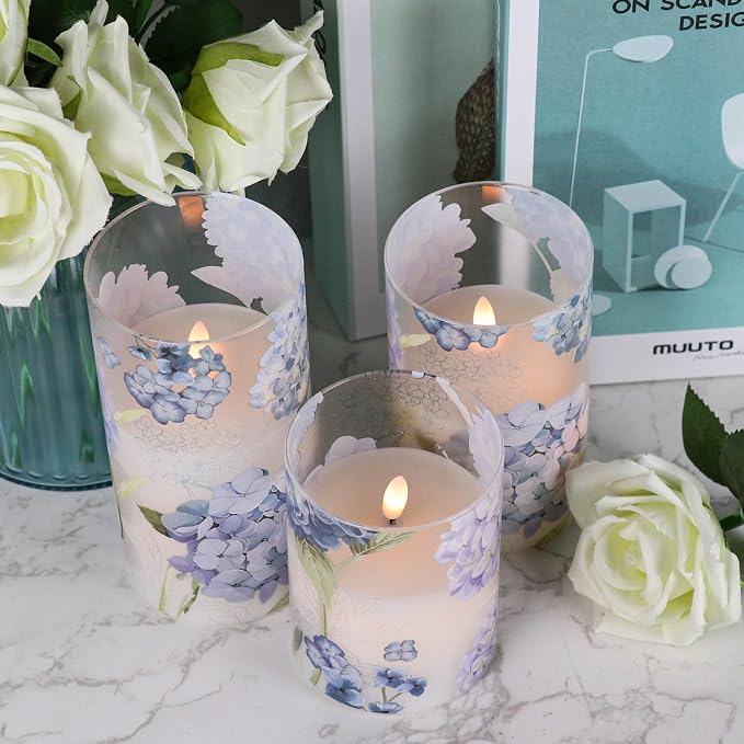 Hydrangea Glass Flameless Candles Batttery Operated Remote Timer | LED - Image 3