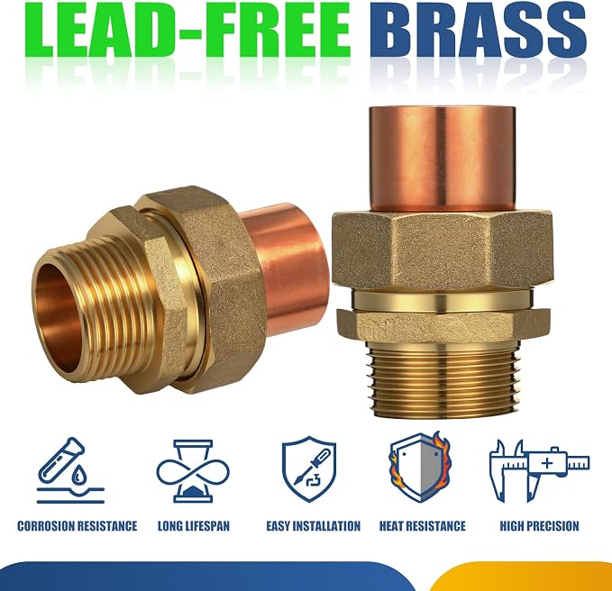 2 Pack 1" C x MIP LF Brass Pipe Copper Union Sweat to Male | - Image 3