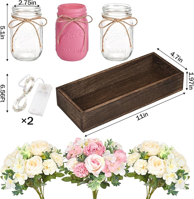 BLEUM CADE 3Pcs Mason Jar with Artificial Roses Flowers Wood Tray and Light | - Image 3