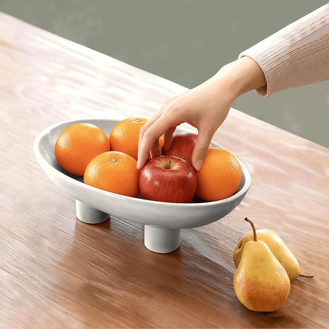 Three-Leg Ceramic Fruit Bowl, 10 Inch Oval Serving Dish - Image 6
