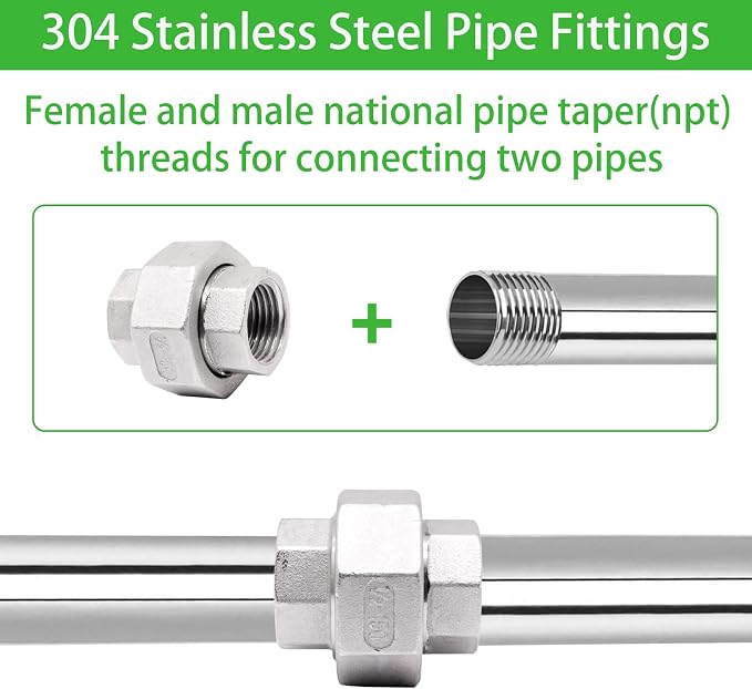 304 Stainless Steel Pipe Fittings Union 1/2" NPT Female to Female 2pcs - Image 5