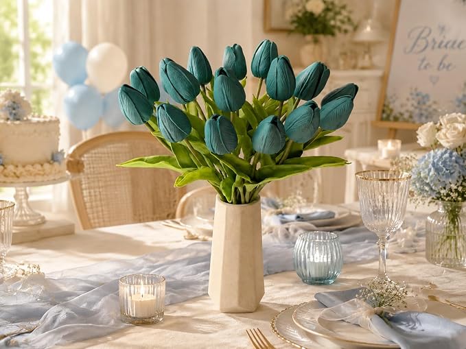Mandy's 20pcs Artificial Teal Tulips | 13.5 Inch Lifelike PU Tulips Faux Floral - Image 8