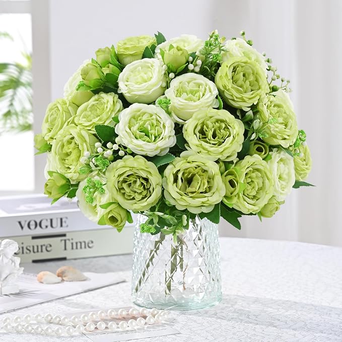 4 Packs Peonies Artificial Flowers, Mixed Green Silk Artificial Peonies | Fake - Image 2