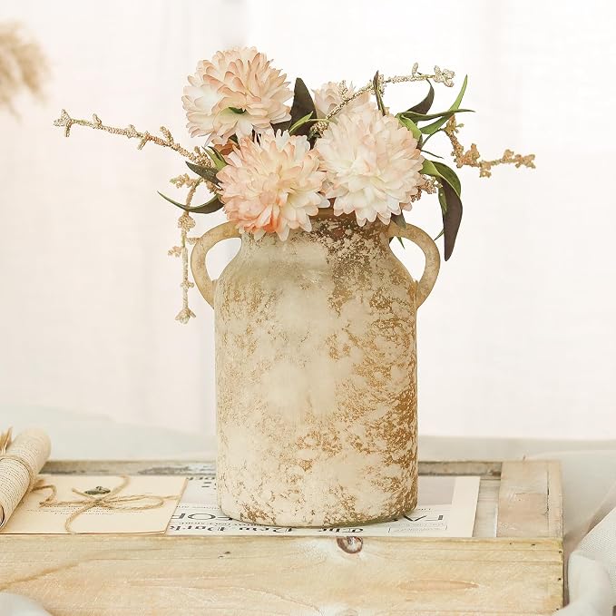 Glass Flower Vase with Handle- 8 Inches Rustic Imitation Ceramic Vase - Image 3