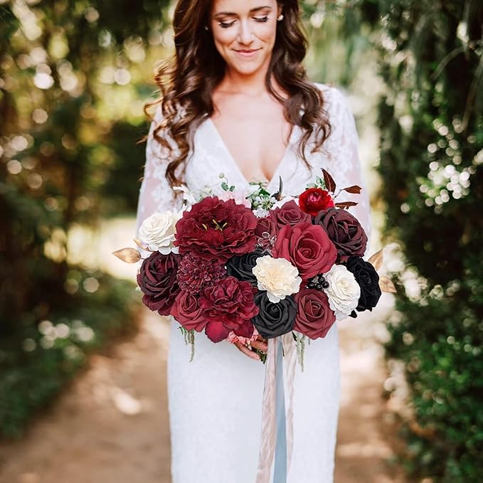 FACINOC Roses Artificial Flowers Burgundy Black Fake Flower Bulk - Image 4