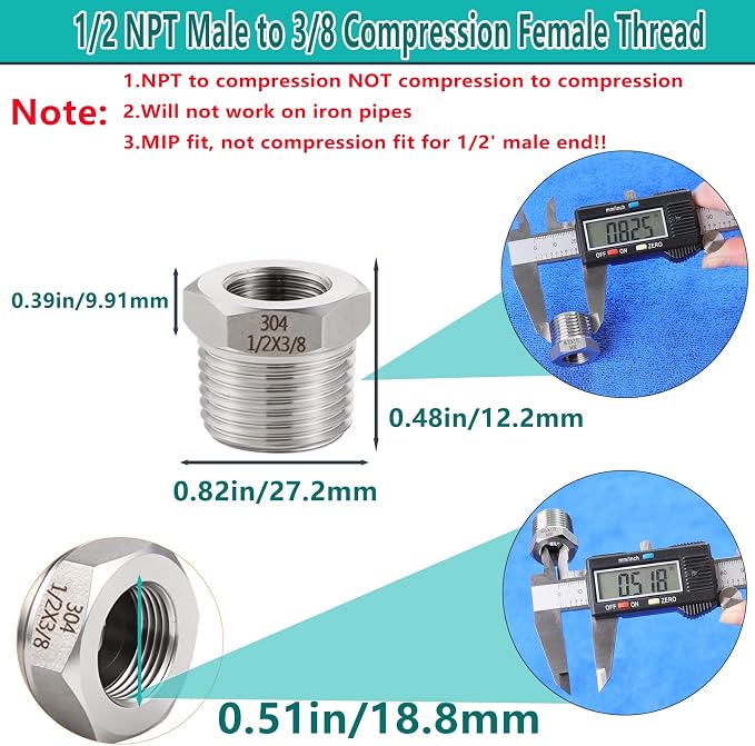 1/2 NPT Male to 3/8 Compression Female Thread Bushing Pipe Fitting（Lead-Free） - Image 2