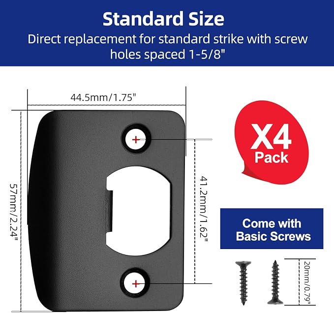 Black Door Strike Plate 2-1/4" x 1-3/4", Standard Size, 4 Pack | Edges Deburred - Image 2