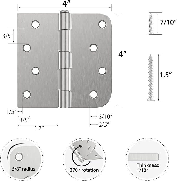 HOSOM 6 Pack 4 Inch Brushed Nickel Door Hinges - Image 2