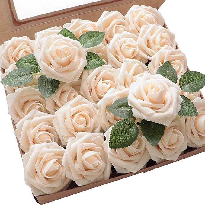 Artificial Flowers 25pcs Real Looking Cream Foam Fake Roses by Floroom