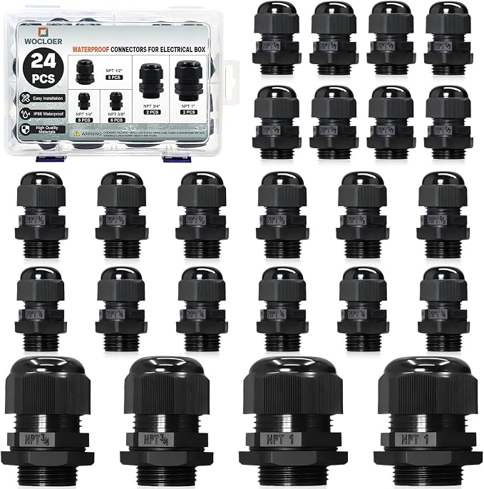 24 Pcs 1/4" 3/8" 1/2" 3/4" 1" NPT Kit Black Adjustable Cable Glands by Wocloer