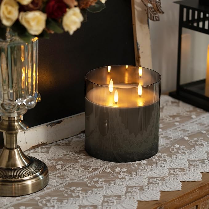 Homemory Grey Large Glass Flameless LED Candle, 3 Wicks, Remote Timer | 6"x6" - Image 6