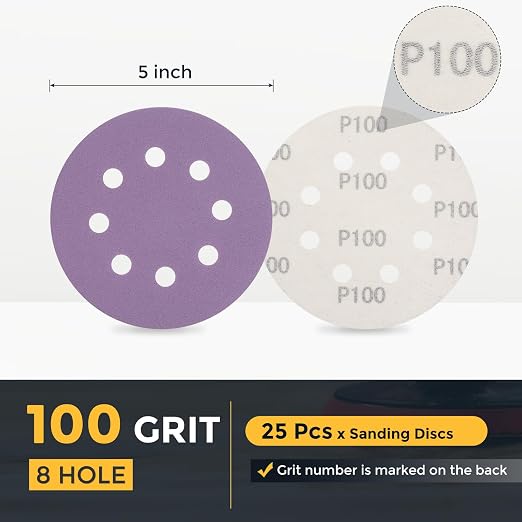 HARFINGTON 25Pcs 5Inch Sanding Disc 8 Hole 100Grit Purple Aluminum Oxide | Hook - Image 2