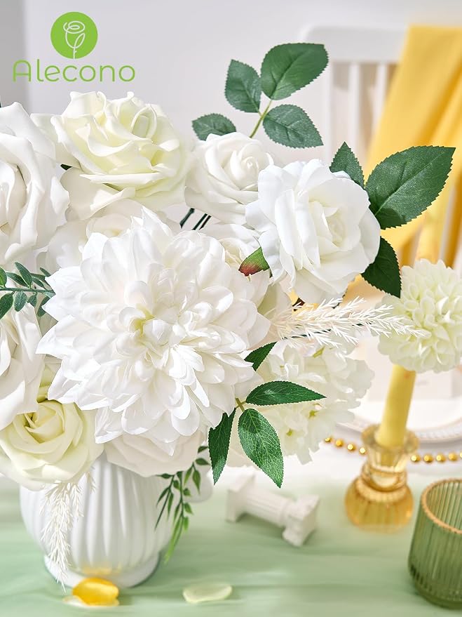 Alecono White Artificial Flowers, Silk Fake Roses - Image 5