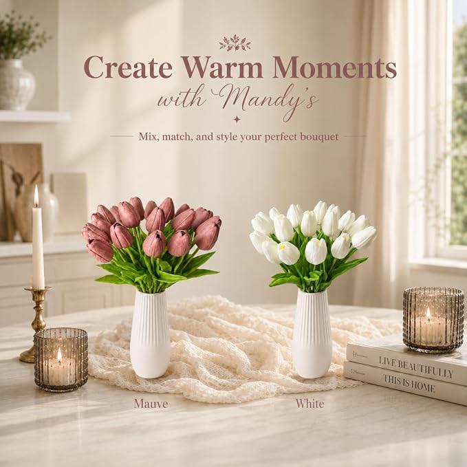 Mandy's 20pcs Artificial Mauve Tulips | 13.5 Inch Lifelike PU Tulips Faux - Image 9