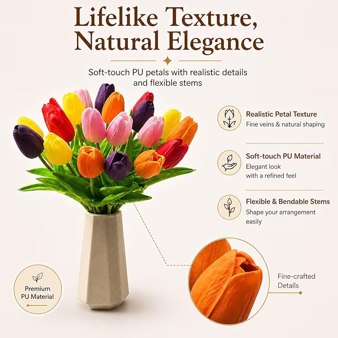 Mandy's 20pcs Artificial Multicolor Tulips | 13.5 Inch Lifelike PU Tulips Faux - Image 2