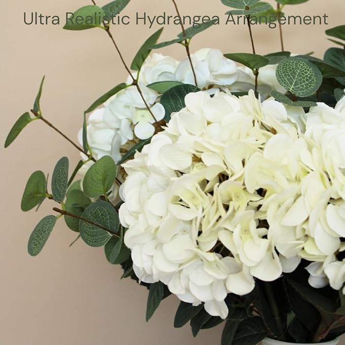 Real Touch White Faux Hydrangea And Eucalyptus Arrangement, Faux Floral - Image 4