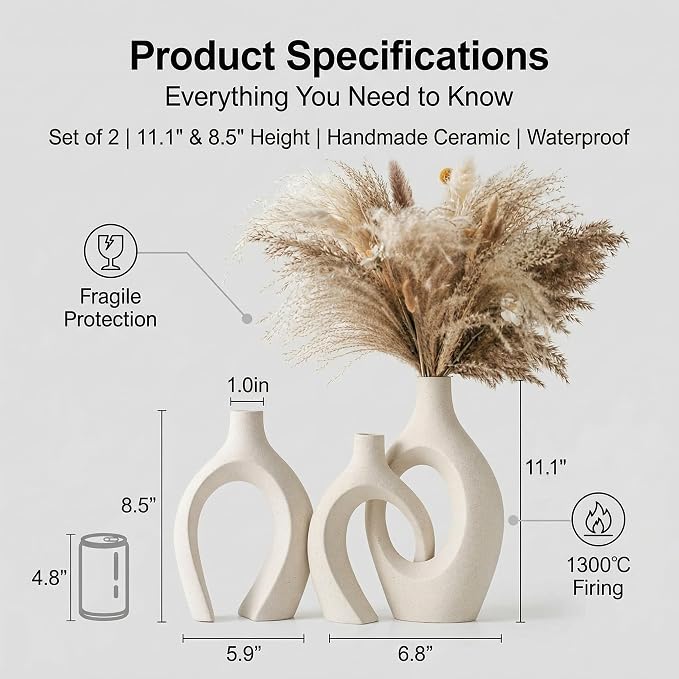 Extra Large Cream White Ceramic Vase Set of 2, Aesthetic Flower Vase Home Decor - Image 5