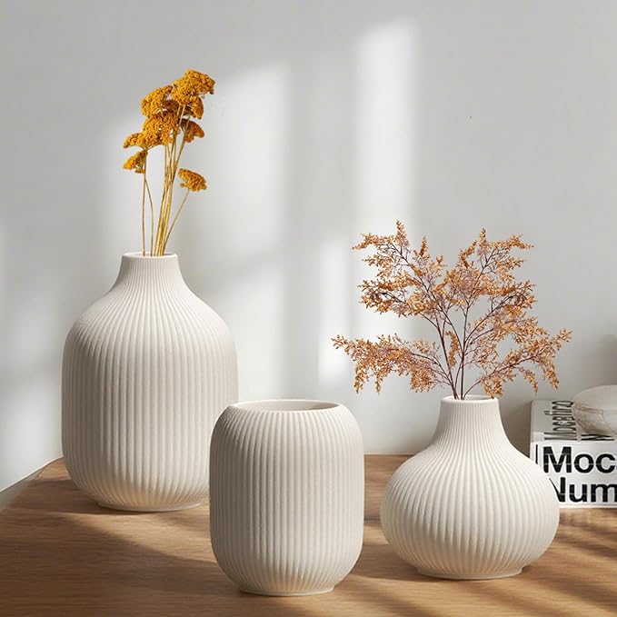 White Small Ceramic Vases Set of 3, Matte Vertical Ribbed, Minimalist - Image 2