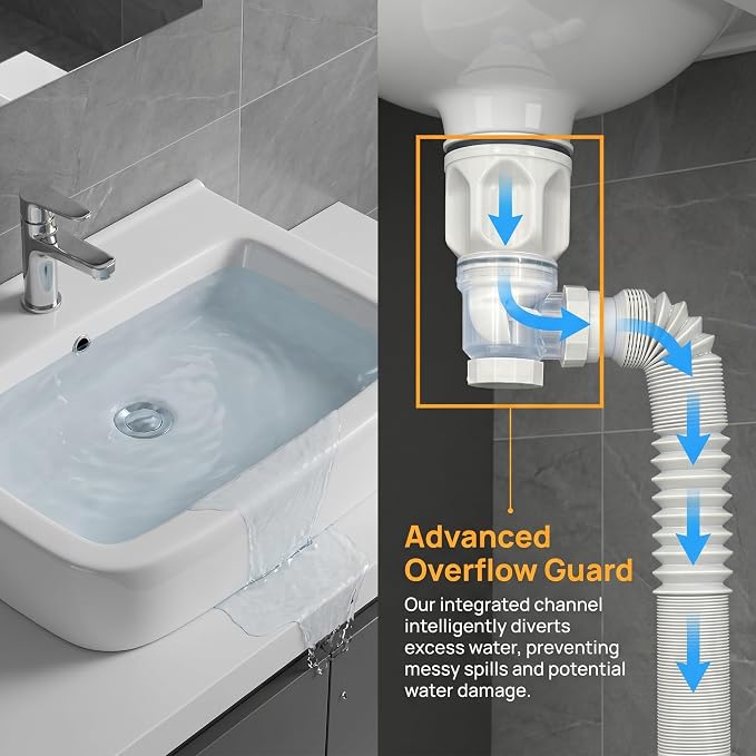 Bathroom Sink Drain Pipe with Flexible Corrugated Extension Tube, Flip-Top Seal - Image 5