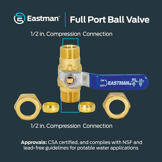Eastman 1/2 Inch Compression Heavy Duty Full Port Ball Valve, Brass Plumbing - Image 6